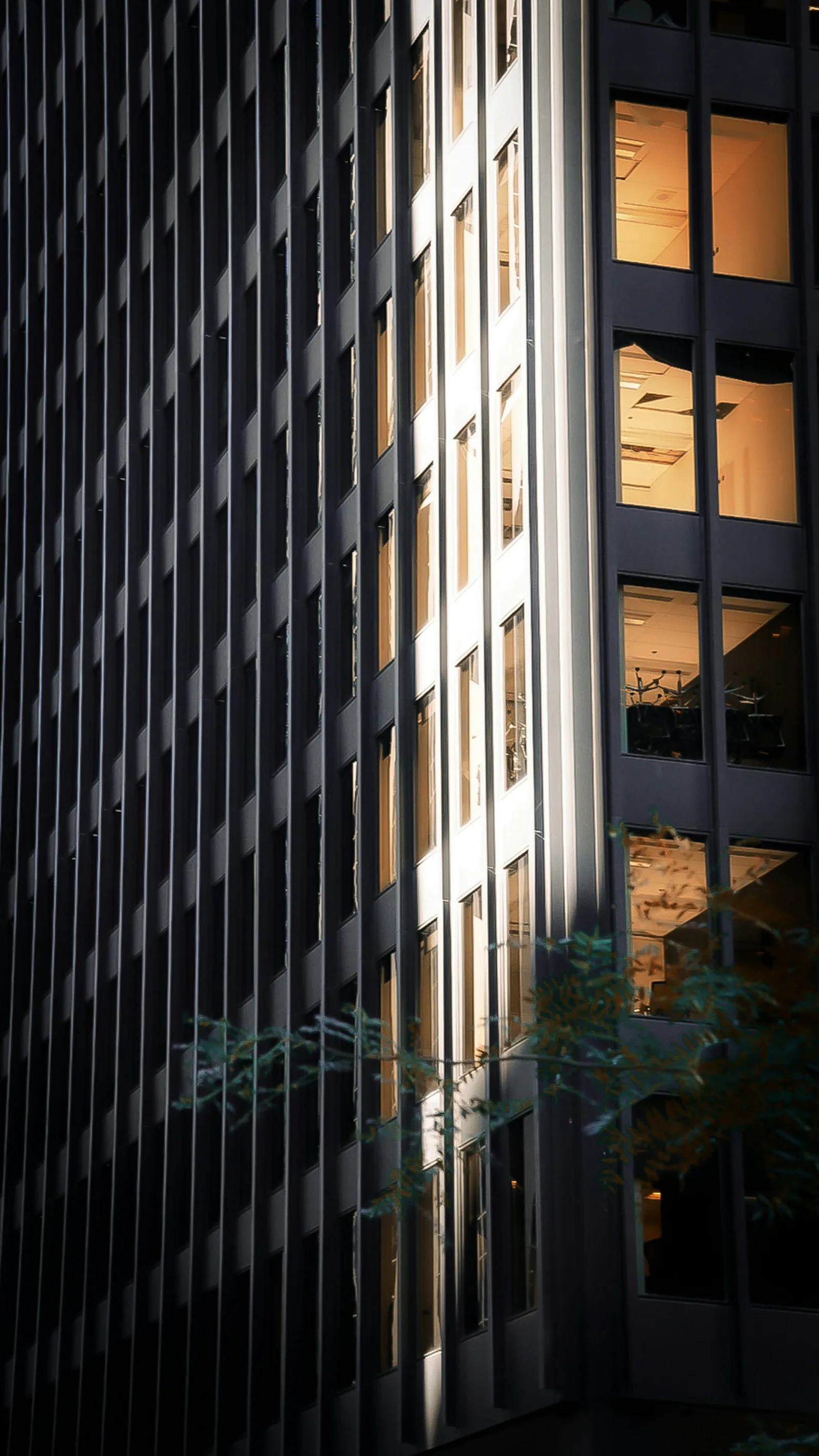 Modern office building with lit windows at dusk